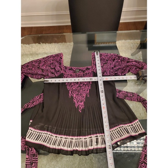 Nicole Miller Women's Black & Pink Pleated Square Neck 3/4 Sleeve Top Blouse 6 - Picture 7 of 15